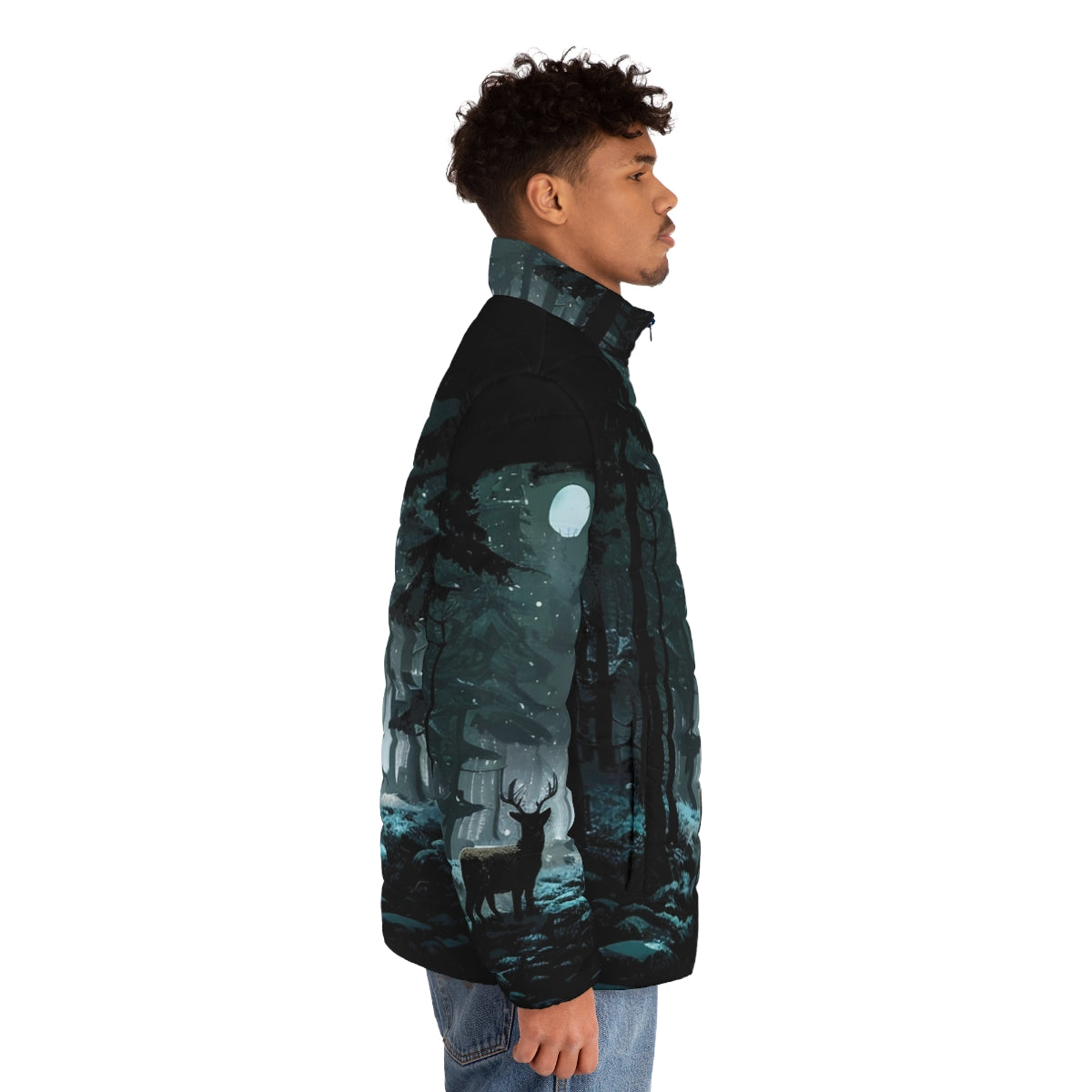 A cozy puffer jacket featuring a serene winter woods landscape with a deer, snow, and a full moon. - men side right