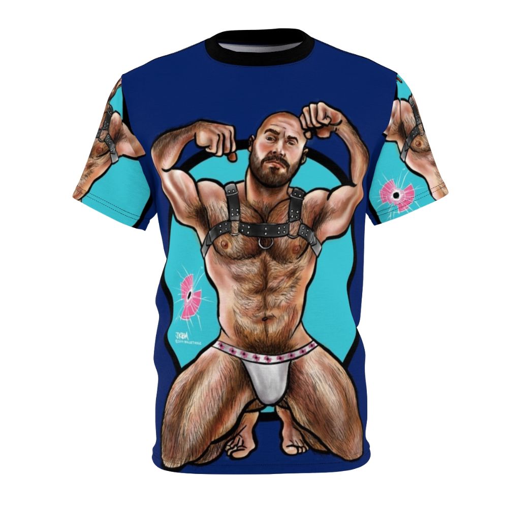 Muscular and hairy male figure wearing a bullethole-patterned t-shirt