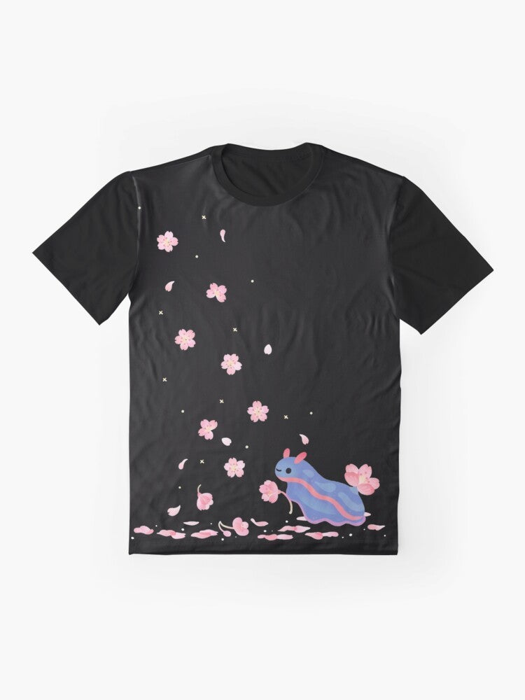 Colorful illustration of a cherry blossom sea slug, or nudibranch, surrounded by marine life and flowers - Flat lay