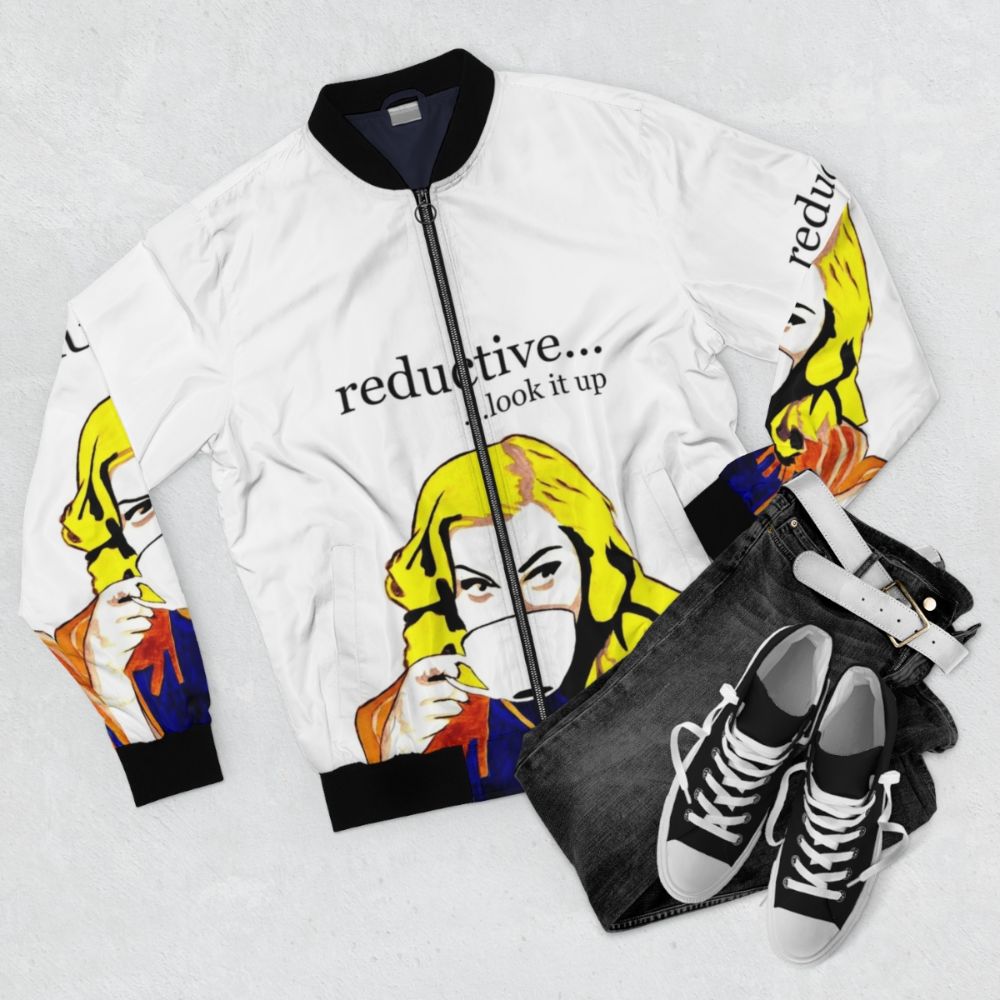 A white bomber jacket with a reductive design. - Flat lay