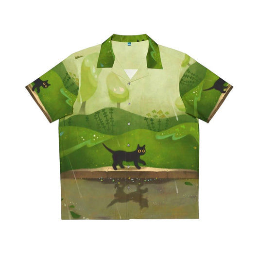 Black cat in a Hawaiian-style shirt on a rainy day nature background