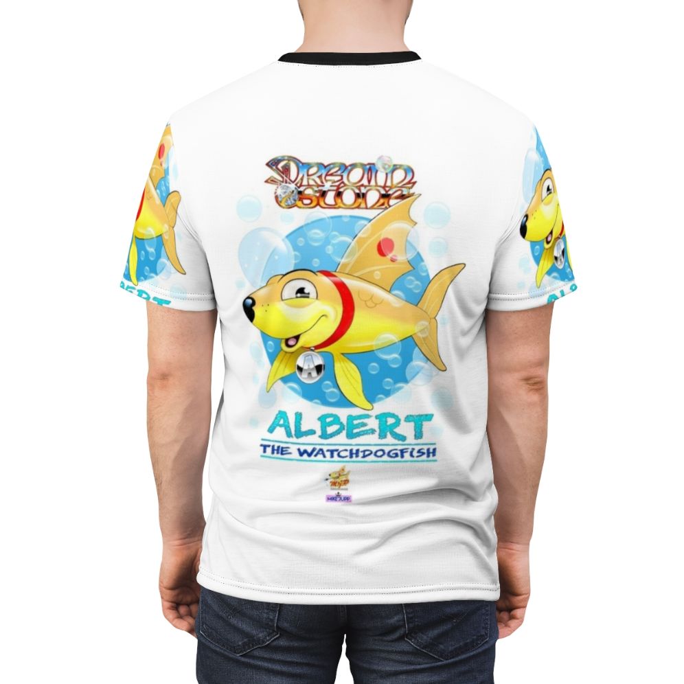 Whimsical and colorful illustration of a fish character named Albert, depicted as a loyal and watchful guard dog. - men back