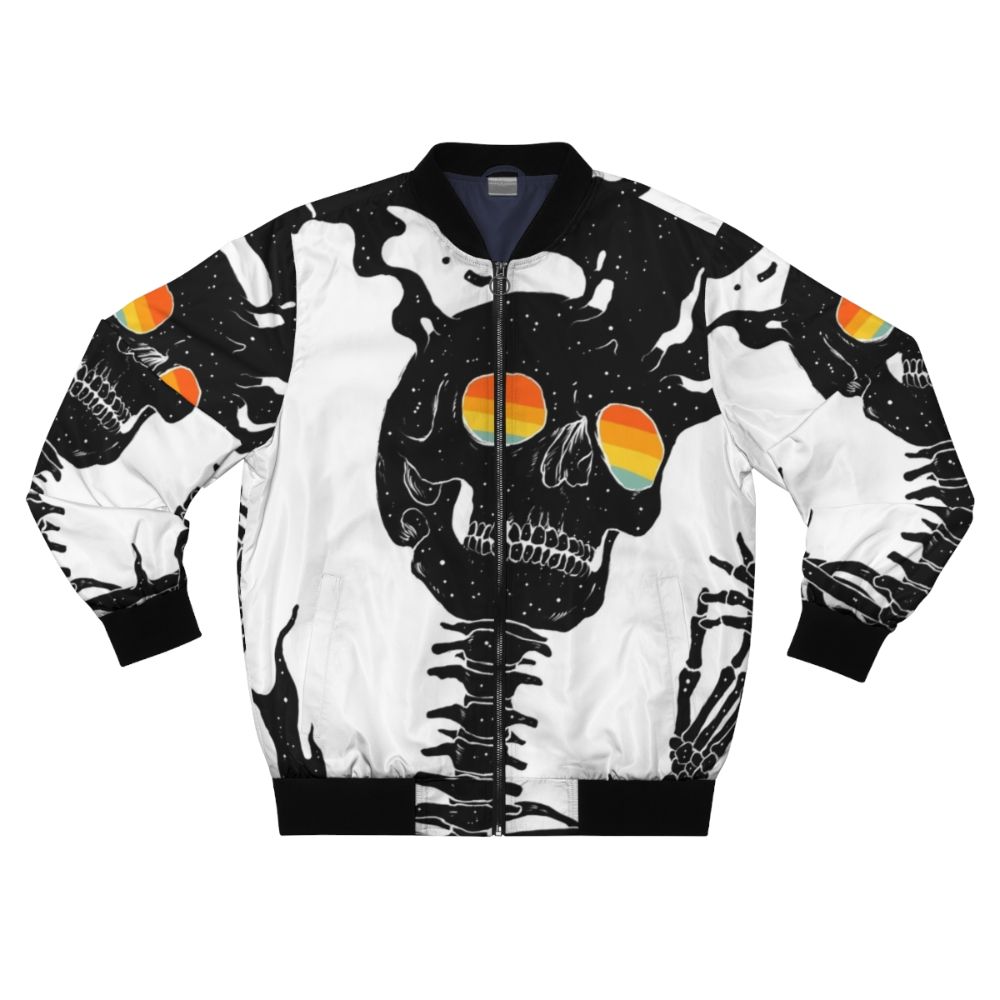 Existential Diffusion Cosmic Bomber Jacket featuring a skull, skeleton, stars, moon, and rainbow in a surreal space design