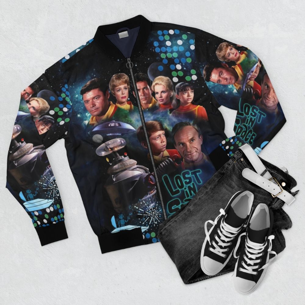 Lost in Space Season 2 Sci-Fi Bomber Jacket with Space and Planet Graphic - Flat lay